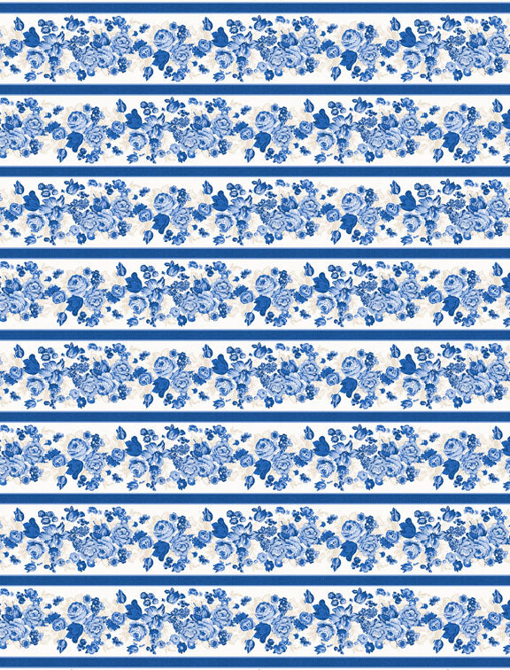 Kaye England Chateau Bleu Floral Stripe White/Blue – 50% Deposit May 2027 Preorder