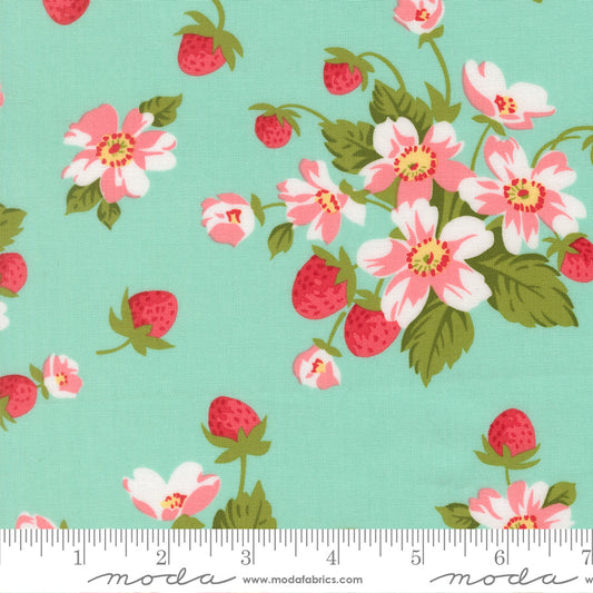 Bloomsberry 55350 13 – Strawberry Floral Aqua | Camille Roskelley | Moda Fabrics | Yardage