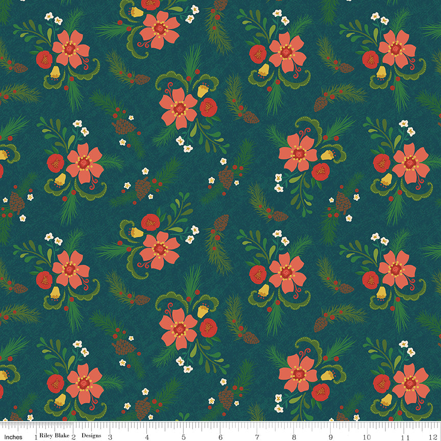 In From the Cold – Navy Floral & Pinecone Fabric | Heather Peterson for Riley Blake Designs