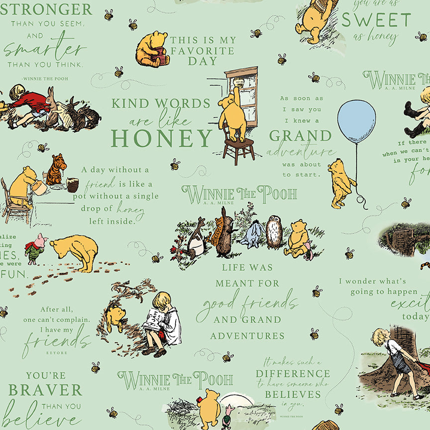 Winnie the Pooh – Scenes and Text on Green (C17000-GREEN) by Echo Park Paper Co. for Riley Blake Designs – 100% Cotton Fabric