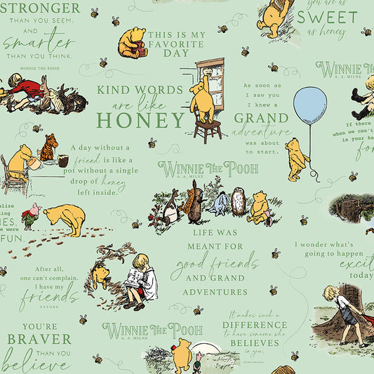 Winnie the Pooh β Scenes and Text on Green (C17000-GREEN) by Echo Park Paper Co. for Riley Blake Designs β 100% Cotton Fabric