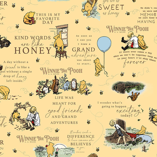 Winnie the Pooh β Scenes and Text on Sunshine (C17000-SUNSHINE) by Echo Park Paper Co. for Riley Blake Designs β 100% Cotton Fabric