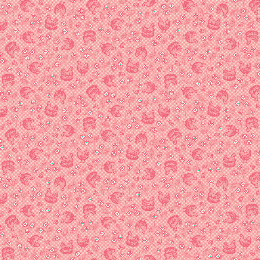 Farmer’s Daughter – Chickens and Daisies in Coral (C17160-CORAL) by Lori Holt for Riley Blake Designs – 100% Cotton Fabric
