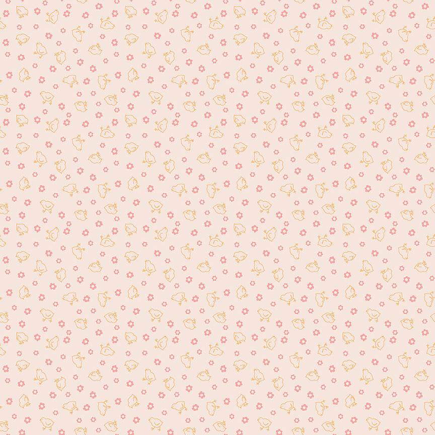 Farmer’s Daughter – Scattered Chicks and Flowers in Coral (C17187-CORAL) by Lori Holt for Riley Blake Designs – 100% Cotton Fabric