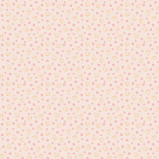 Farmer’s Daughter – Scattered Chicks and Flowers in Coral (C17187-CORAL) by Lori Holt for Riley Blake Designs – 100% Cotton Fabric