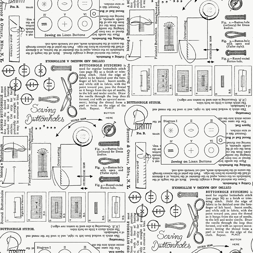 Sew America – Sewing Buttonholes Text & Illustrations – Off White | Yardage | C17348-OFFWHITE – J. Wecker Frisch – Riley Blake Designs