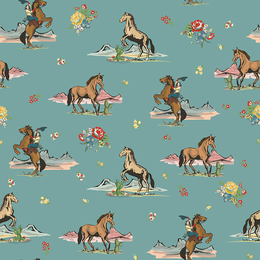 Cowgirl C17480-BLUE Scenic Cowgirl & Horse Fabric | Riley Blake Designs