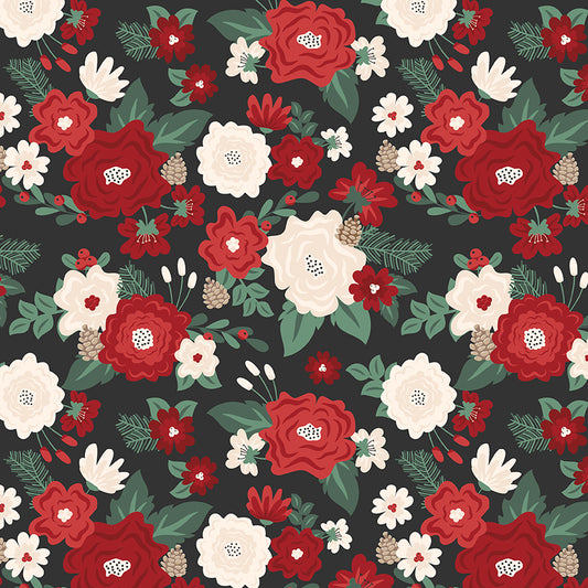 Evergreen Wishes Floral Fabric - Black | 5 Yard Cut | Riley Blake Designs