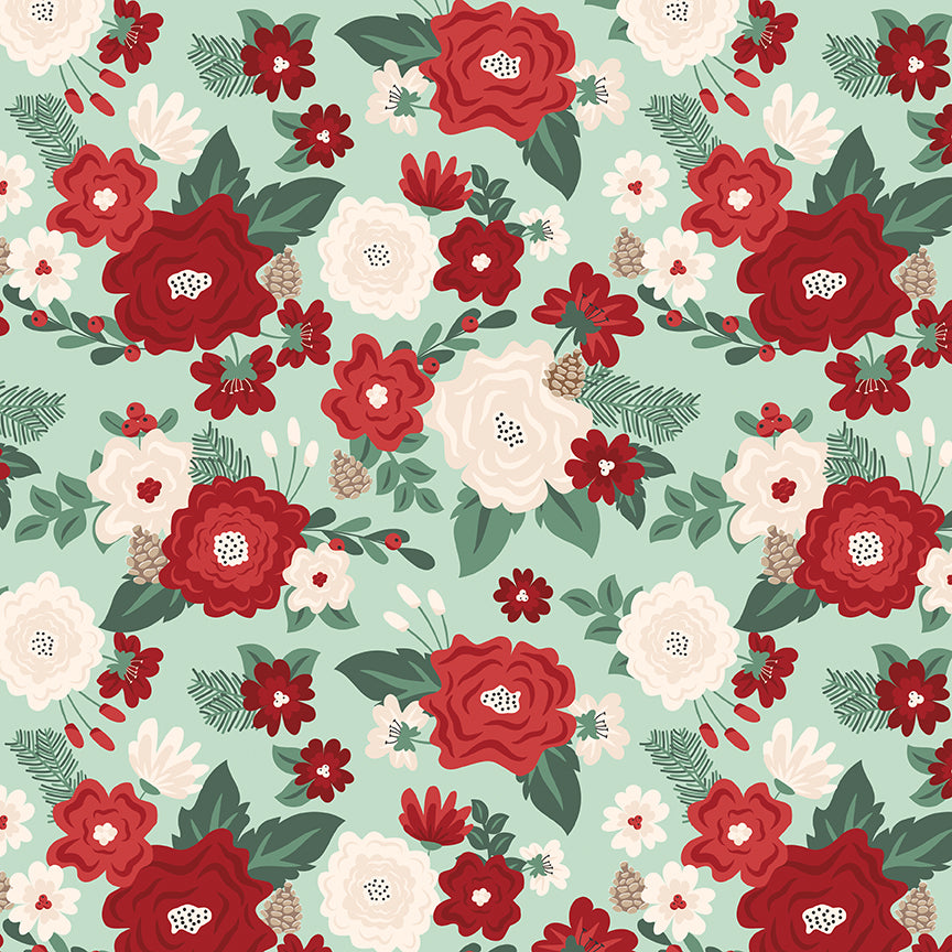 Evergreen Wishes Floral Fabric - Mint | 5 Yard Cut | Riley Blake Designs