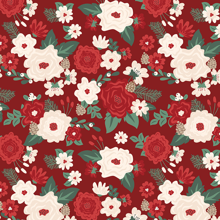 Evergreen Wishes Floral Fabric - Red | 5 Yard Cut | Riley Blake Designs