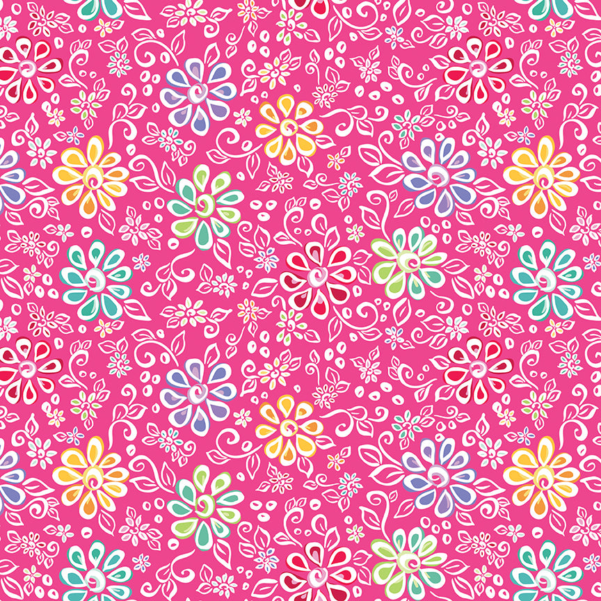 Chasing Rainbows Whimsical Flowers Fabric – Pink Yardage by Leslie Ryan for Riley Blake Designs- C18010-Pink