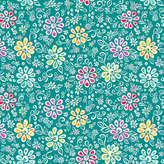 Chasing Rainbows Whimsical Flowers Fabric β Teal Yardage by Leslie Ryan for Riley Blake Designs- C18010-Teal