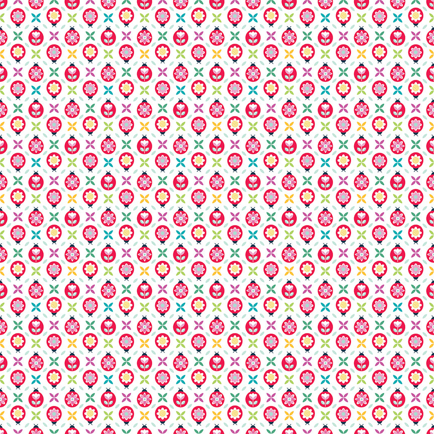 Chasing Rainbows Whimsical Ladybugs Fabric – White Yardage by Leslie Ryan for Riley Blake Designs | C18011-WHITE