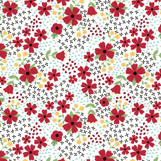 Little Ladybug Fields of Flowers Yardage – White | Lori Whitlock | In Stock