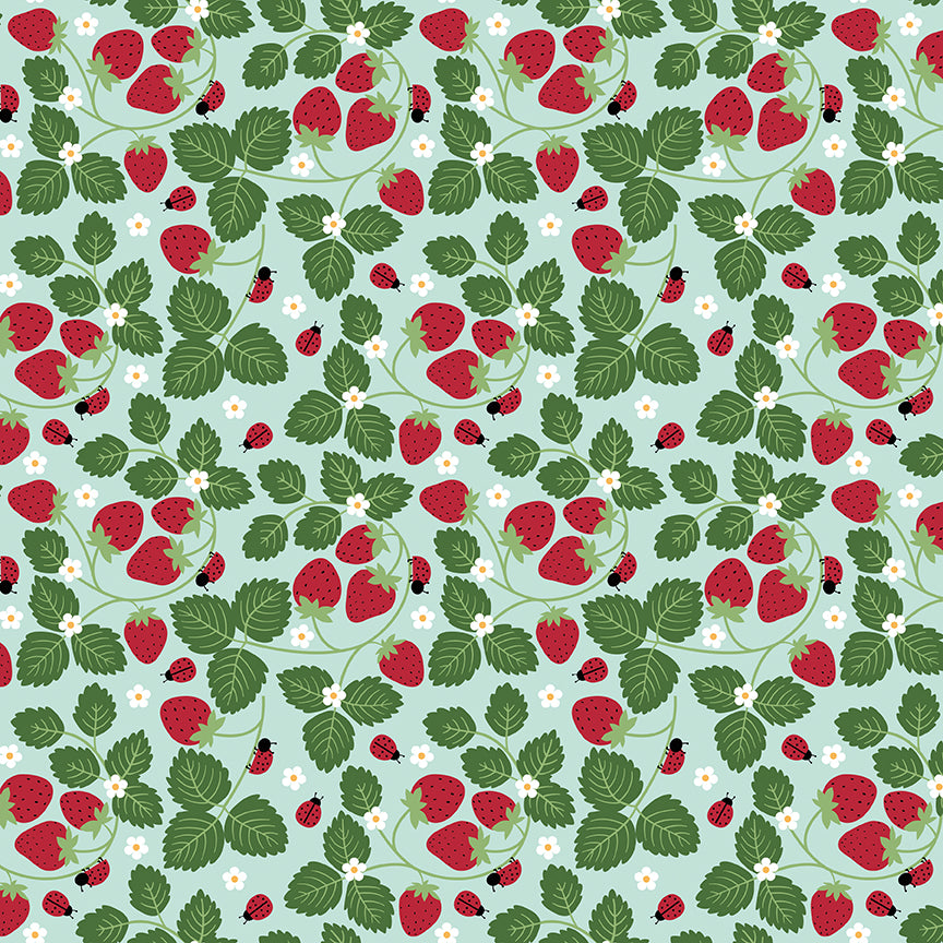Little Ladybug Strawberries & Ladybugs Yardage – Blue | Lori Whitlock | In Stock