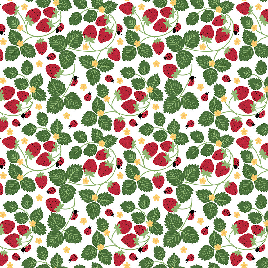 Little Ladybug Strawberries & Ladybugs Yardage – White | Lori Whitlock | In Stock