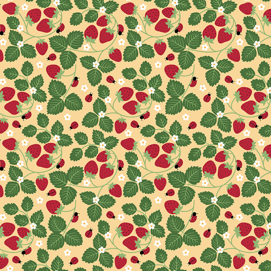 Little Ladybug Strawberries & Ladybugs Yardage – Yellow | Lori Whitlock | In Stock