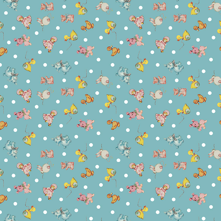 Dear Sweethearts Polka Dots & Vintage Toys Yardage – Teal | American Jane | In Stock