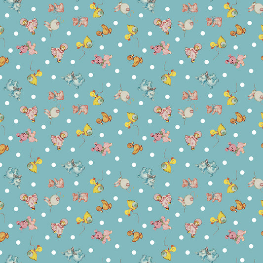 Dear Sweethearts Polka Dots & Vintage Toys Yardage – Teal | American Jane | In Stock