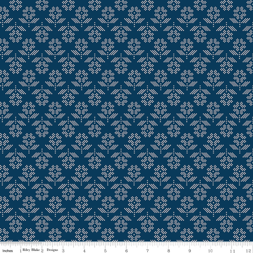 Lori Holt Denim & Daisy Flowers Oxford Blue – Floral Clusters – C18131-OXFORDBLUE