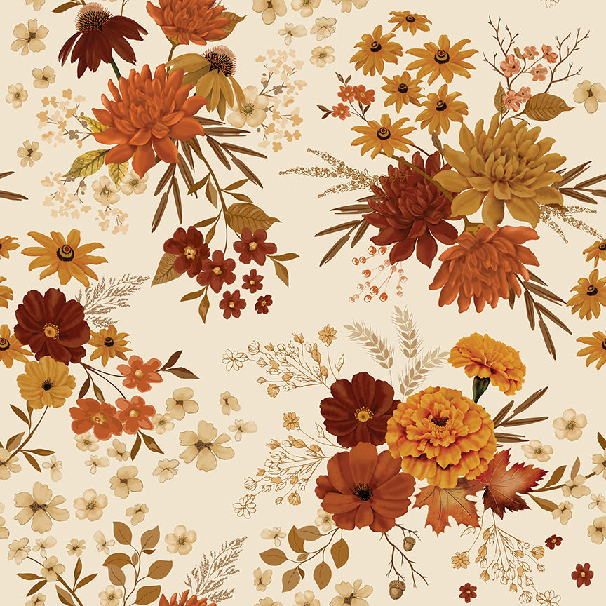 Acorn & Amber Fall Floral Bouquets in Cream Yardage by Sandy Gervais | June 2027 Preorder | 50% Deposit