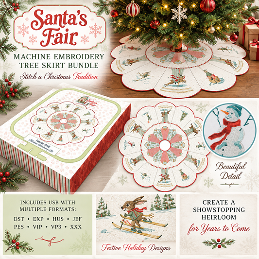 Santa’s Fair Machine Embroidery Tree Skirt Bundle – USB + Complete Fabric Kit | Lisa Audit | 50% Deposit Preorder | May 2027