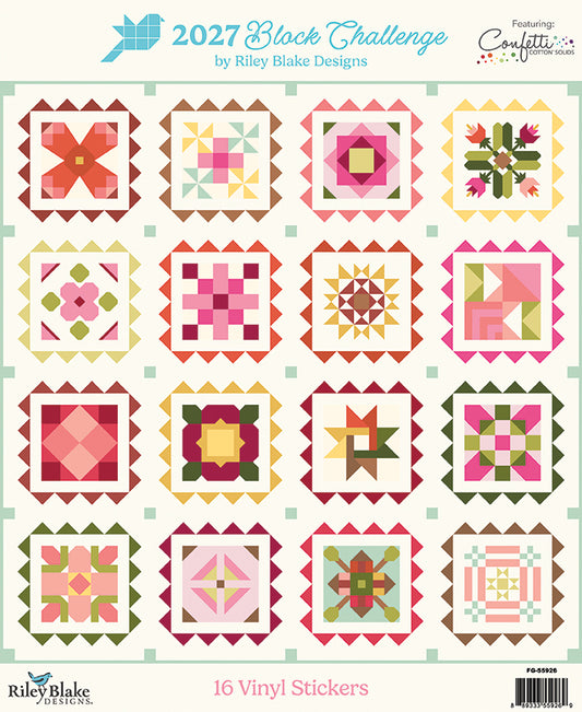 Riley Blake Designs 2027 Block Challenge Quilt Kit | Confetti Cotton Solids | Includes 16-Piece Sticker Pack | 50% Deposit Preorder | December 2026