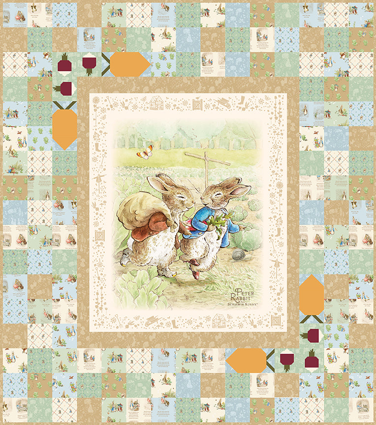 Preorder – Peter’s Garden Adventures Quilt Kit featuring Peter Rabbit™ and Benjamin Bunny™ – Bluebird Patterns for Riley Blake Designs