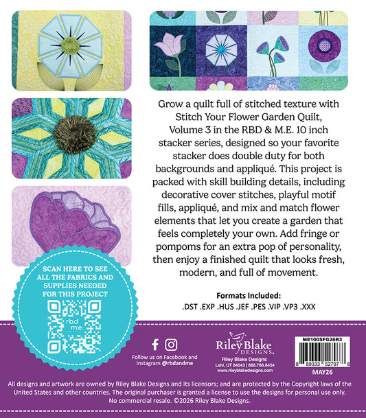 Stitch Your Flower Garden Quilt Volume 3 USB | Machine Embroidery Quilt Pattern | RBD & ME 10" Stacker Series | USB Only | ME100SFG26R3