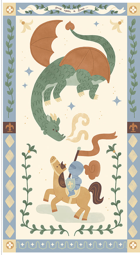 Faraway Kingdom Dragon and Knight Panel – Fantasy Medieval Quilt Panel