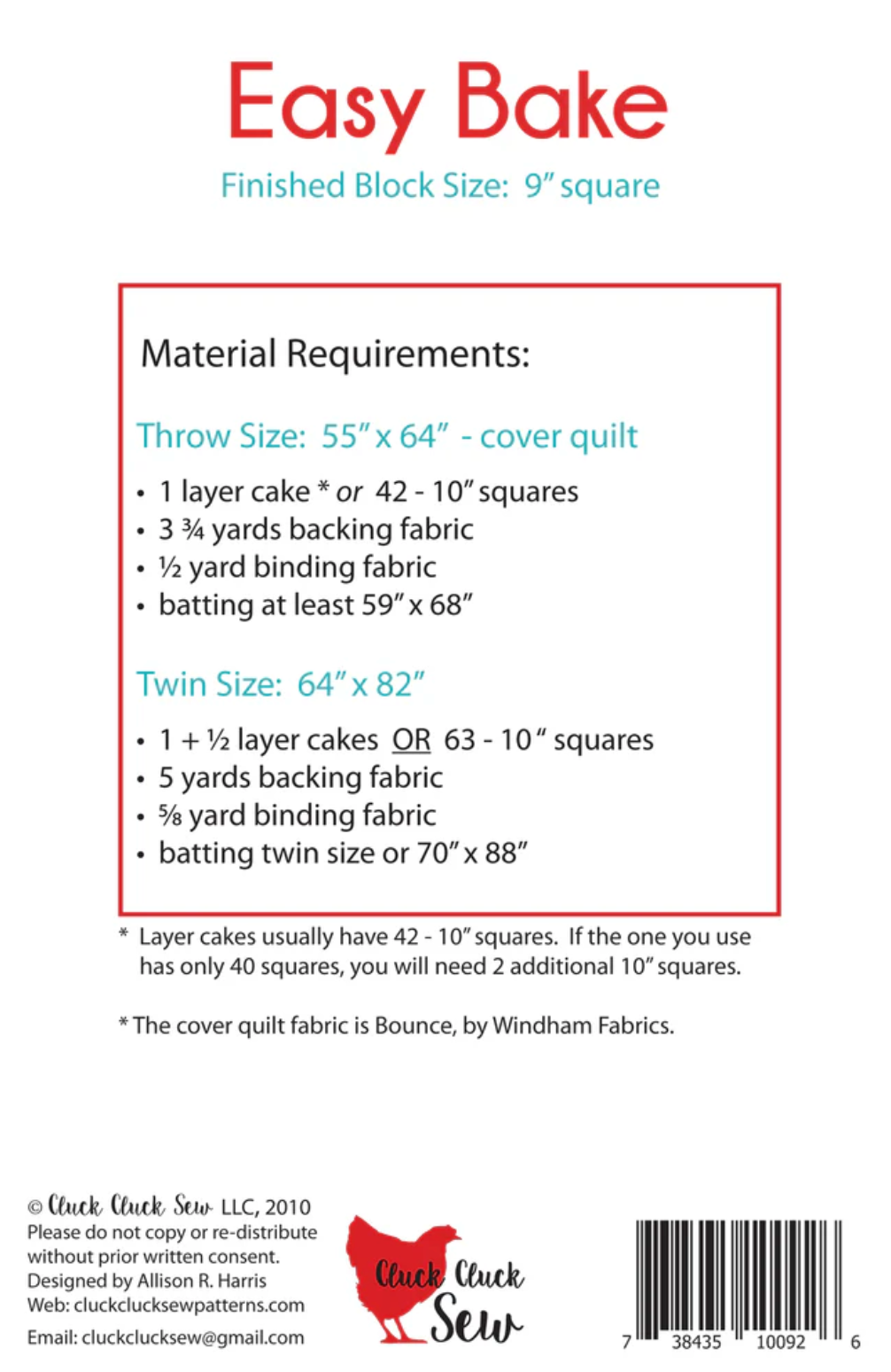 Easy Bake Quilt Pattern – Cluck Cluck Sew – Layer Cake Friendly – Beginner Quilt Pattern