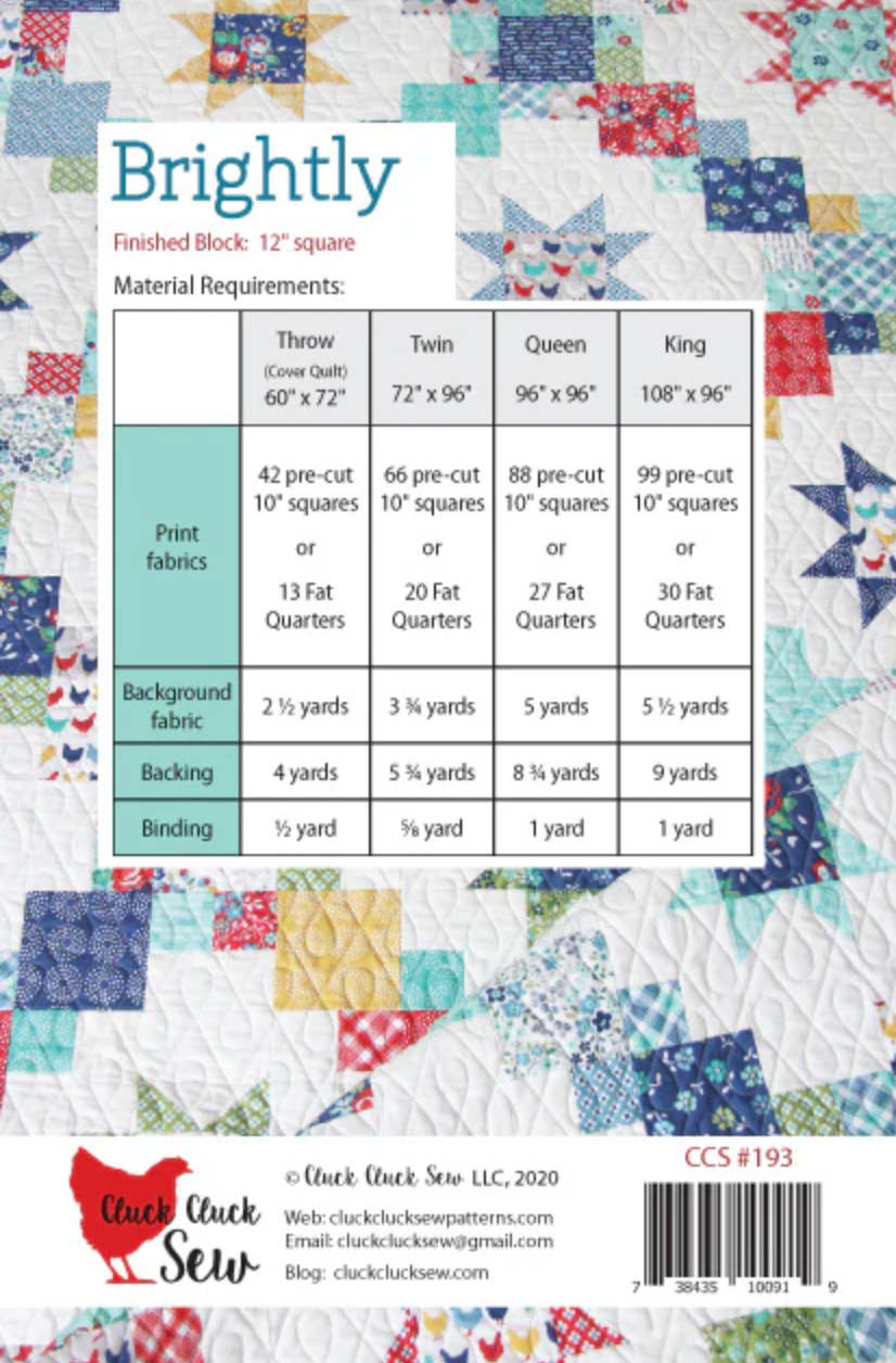 Brightly Quilt Pattern – Cluck Cluck Sew – Fat Quarter or Layer Cake Friendly – Beginner Quilt Pattern – 4 size options