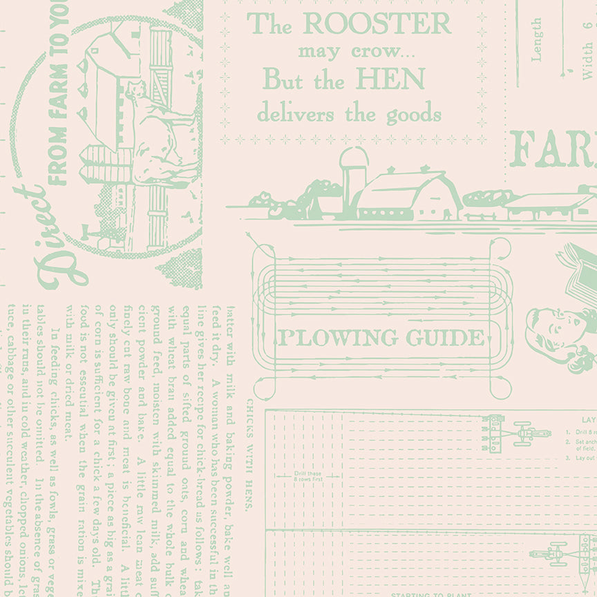 Farmer’s Daughter Wide Back – Farming Ads Text in Sage (WB17193-SAGE) by Lori Holt – 107"/108" Quilting Cotton