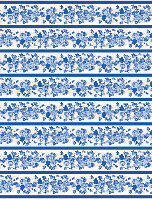 Kaye England Chateau Bleu Floral Stripe White/Blue – 50% Deposit May 2027 Preorder