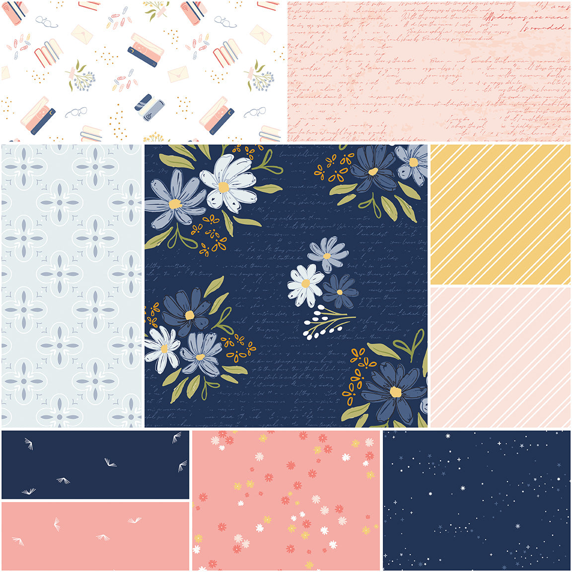Farmhouse Curated Half-Yard Bundle – Between the Pages (Navy Colorway) – 10 Piece Set – Riley Blake Designs