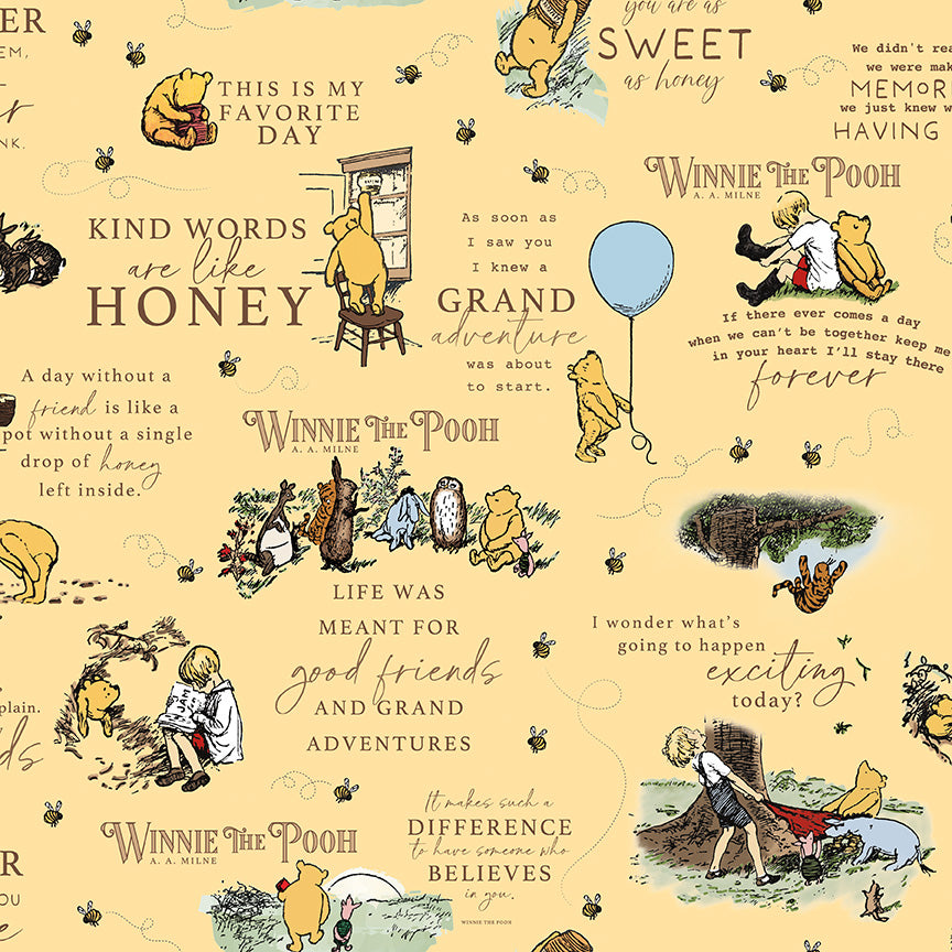 Winnie the Pooh – Scenes and Text on Sunshine (C17000-SUNSHINE) by Echo Park Paper Co. for Riley Blake Designs – 100% Cotton Fabric