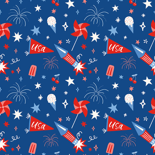 Firecracker Fourth of July Icons in Blue – Riley Blake Designs – Yardage (Feb 2026)