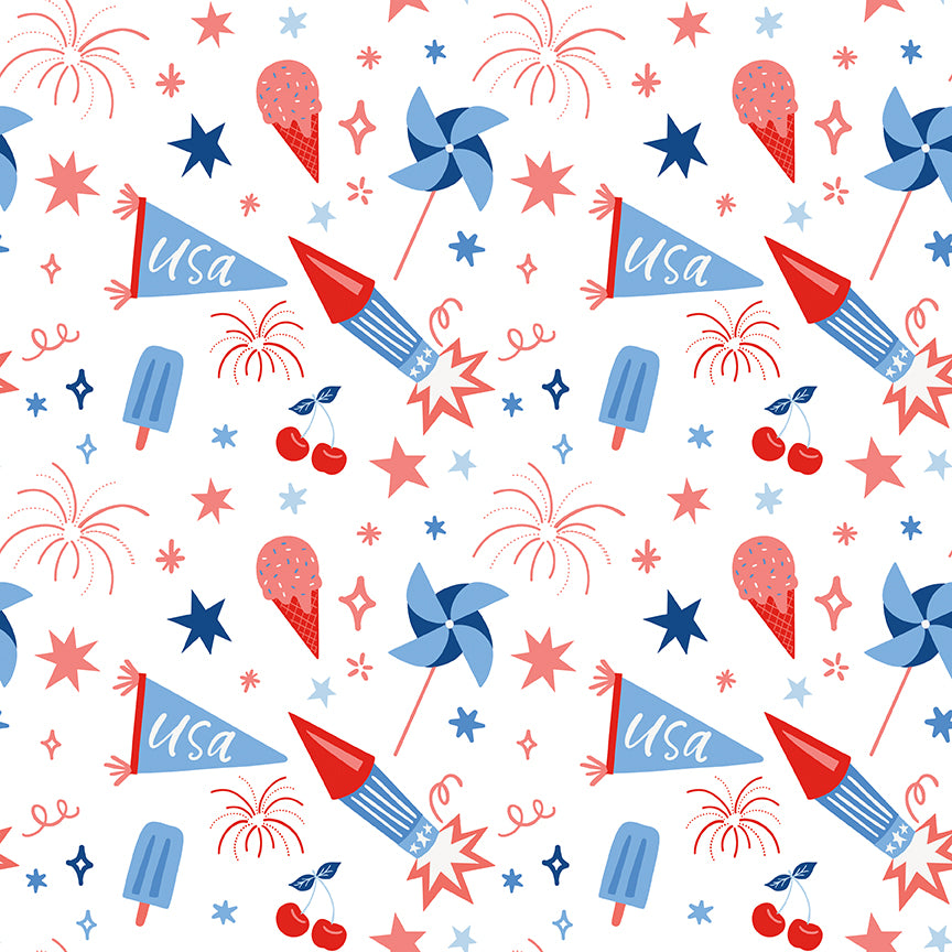 Firecracker Scattered Stars Fabric – White – My Mind’s Eye for Riley Blake Designs