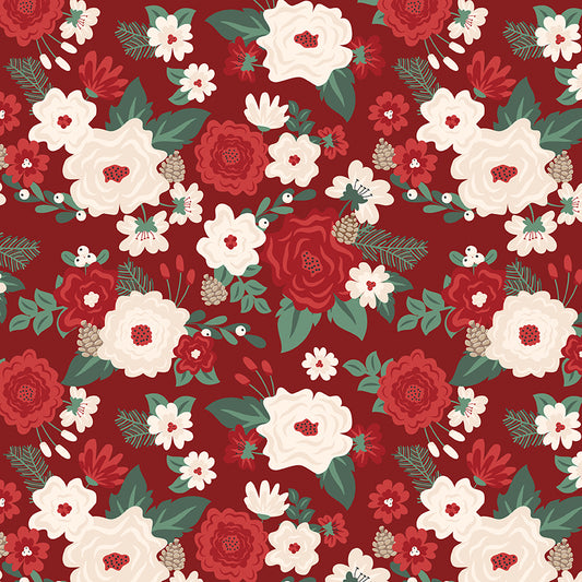 Evergreen Wishes Floral Fabric - Red | 5 Yard Cut | Riley Blake Designs