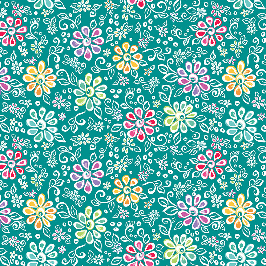 Chasing Rainbows Whimsical Flowers Fabric – Teal Yardage by Leslie Ryan for Riley Blake Designs- C18010-Teal