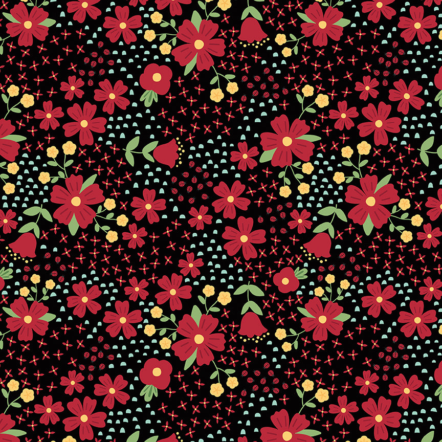 Little Ladybug Fields of Flowers Yardage – Black | Lori Whitlock | In Stock