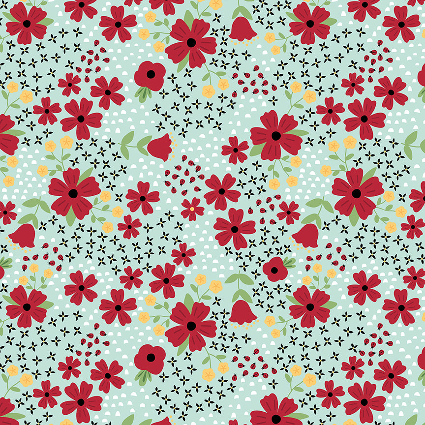 Little Ladybug Fields of Flowers Yardage – Blue | Lori Whitlock | In Stock