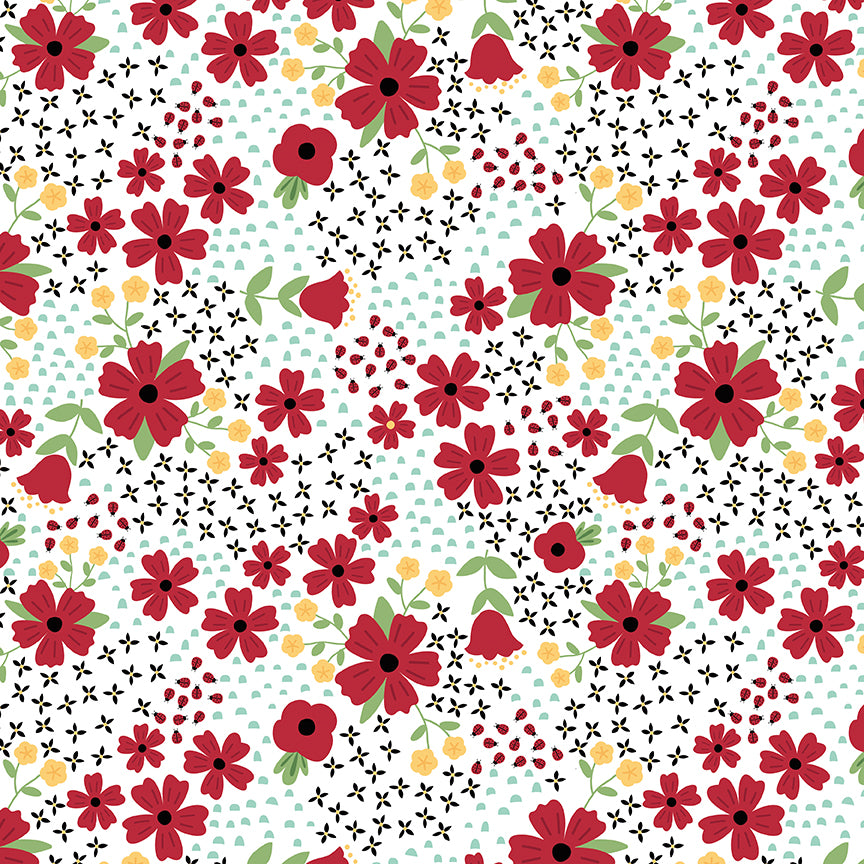 Little Ladybug Fields of Flowers Yardage – White | Lori Whitlock | In Stock