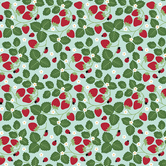 Little Ladybug Strawberries & Ladybugs Yardage – Blue | Lori Whitlock | In Stock