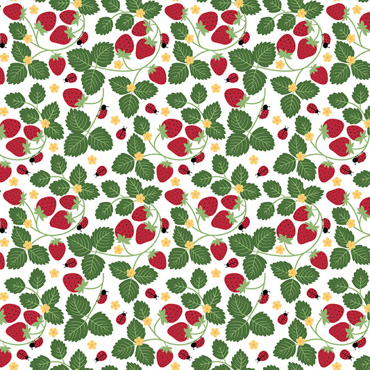 Little Ladybug Strawberries & Ladybugs Yardage – White | Lori Whitlock | In Stock