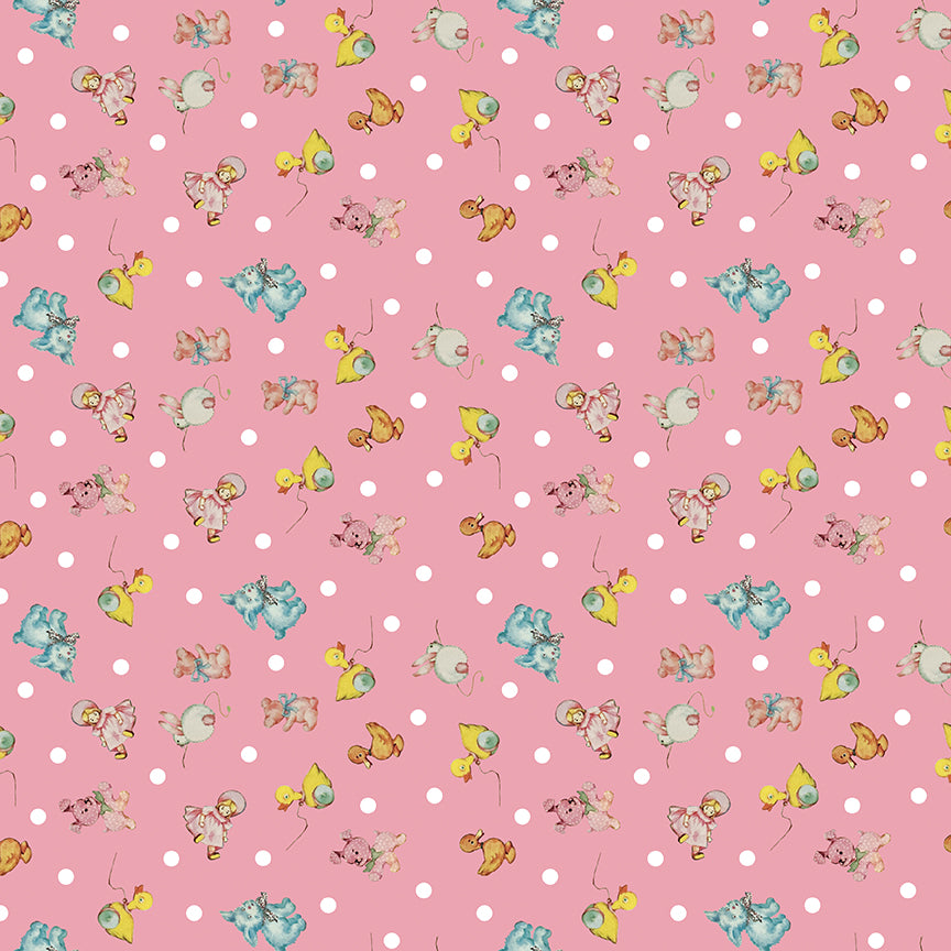 Dear Sweethearts Polka Dots & Vintage Toys Yardage – Pink | American Jane | In Stock