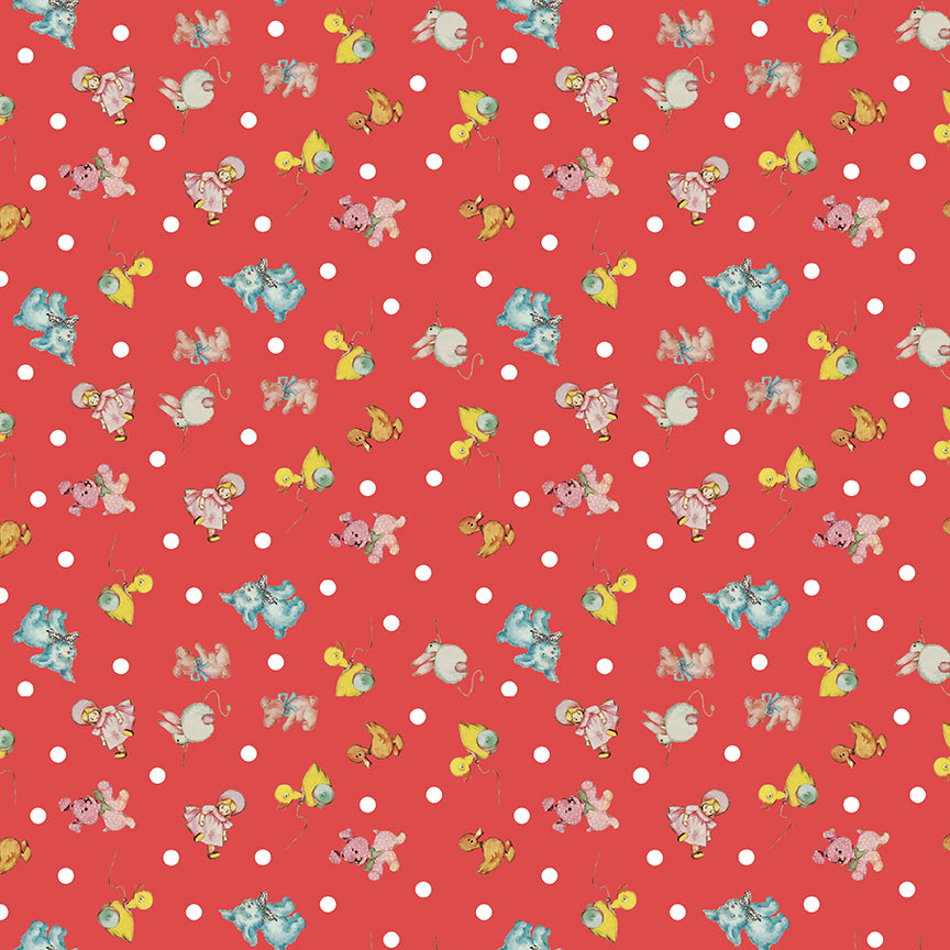Dear Sweethearts Polka Dots & Vintage Toys Yardage – Red | American Jane | In Stock