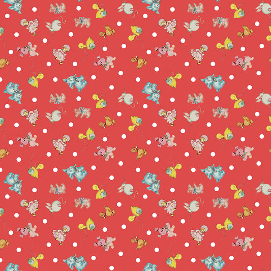 Dear Sweethearts Polka Dots & Vintage Toys Yardage – Red | American Jane | In Stock