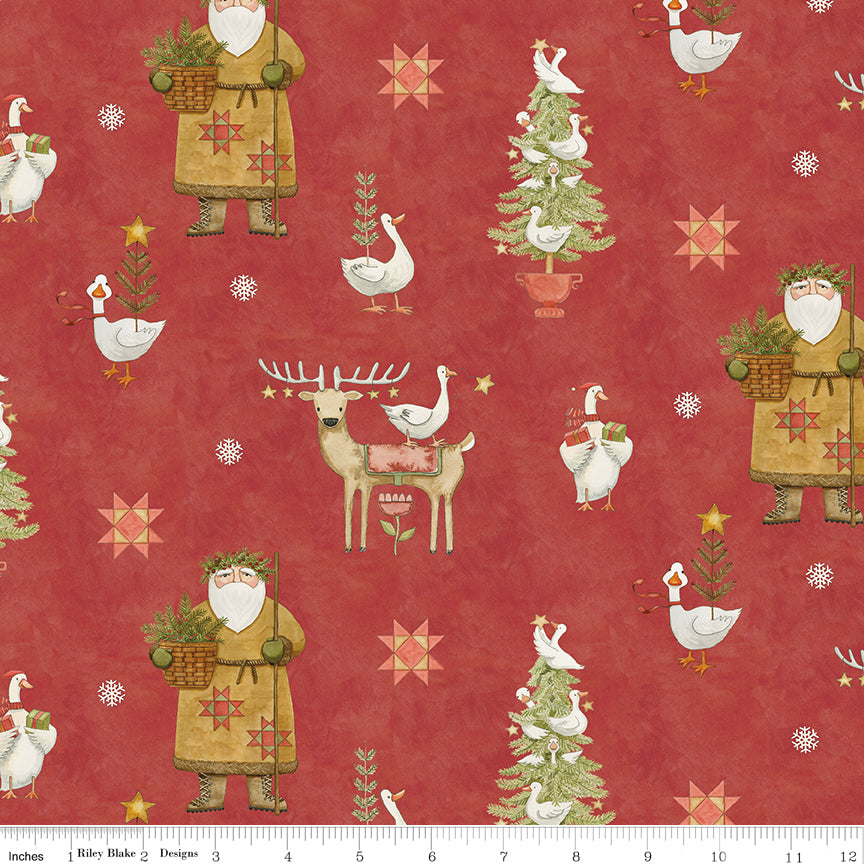Teresa Kogut Waddle's Christmas Main Red – Folk Art Santa & Geese – C19290-RED – 50% Deposit May 2027 Preorder