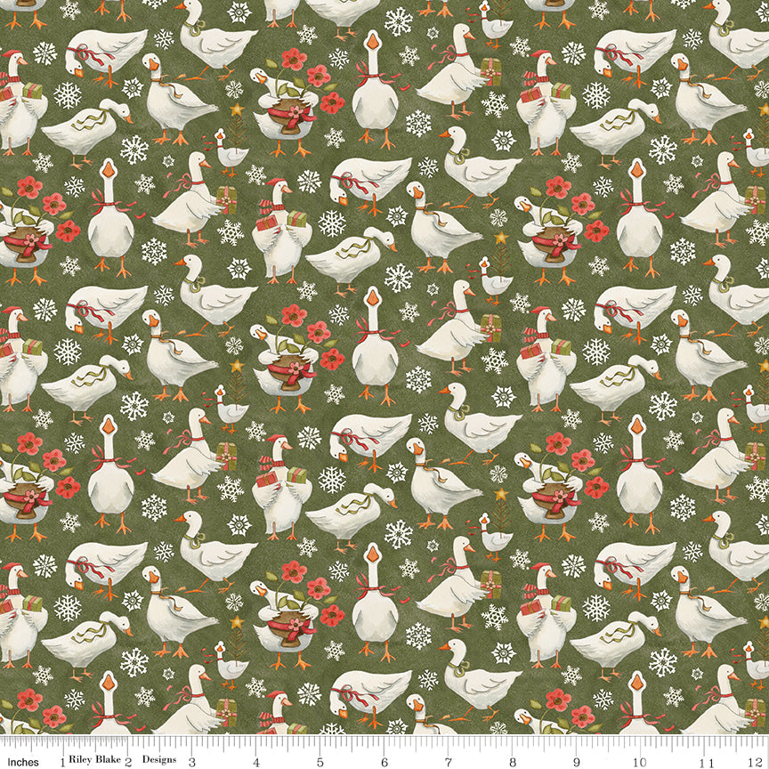 Teresa Kogut Waddle's Christmas Waddle's Toss Avocado – Tossed Geese & Snowflakes – C19291-AVOCADO – 50% Deposit May 2027 Preorder